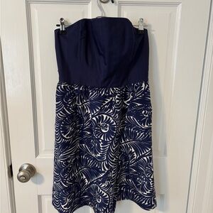 Strapless Navy and White Patterned Dress